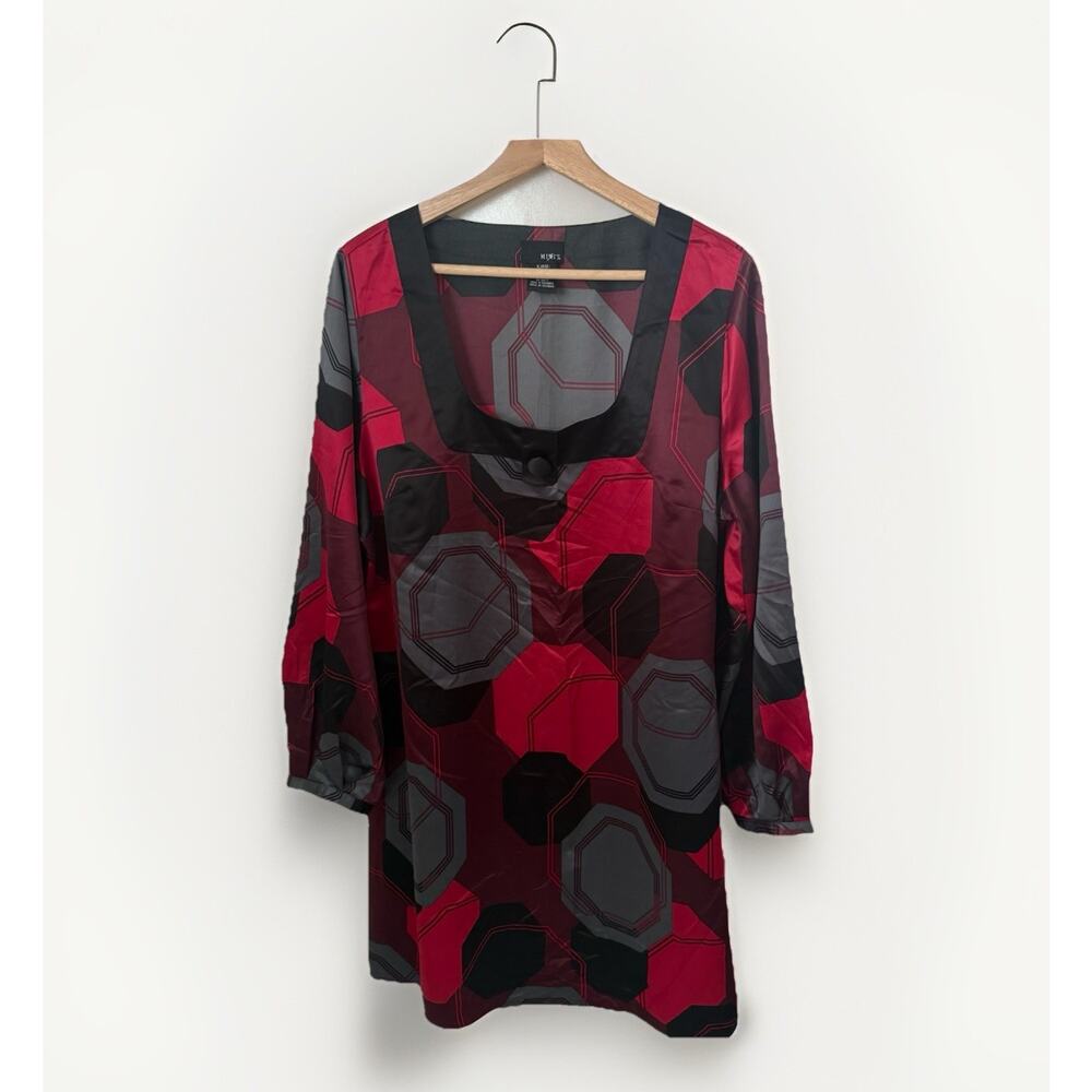 Mixit Sheath Dress Black Red Geometric Baby Doll Puff Sleeve Satin XL